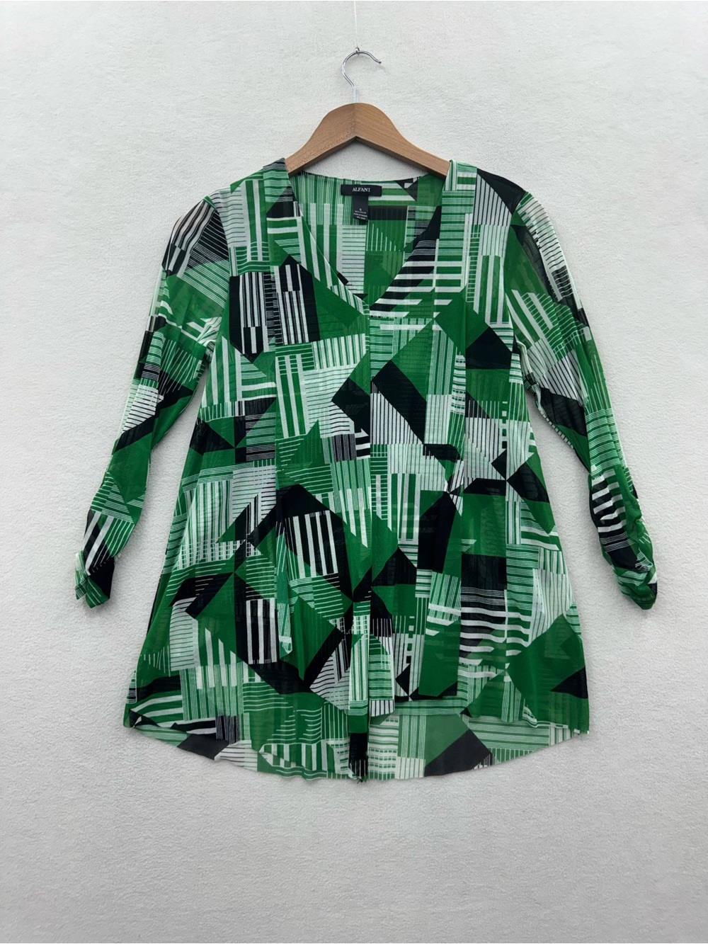 ALFANI Women’s Small Green Black White Geometric Blouse Nylon Mesh V-Neck